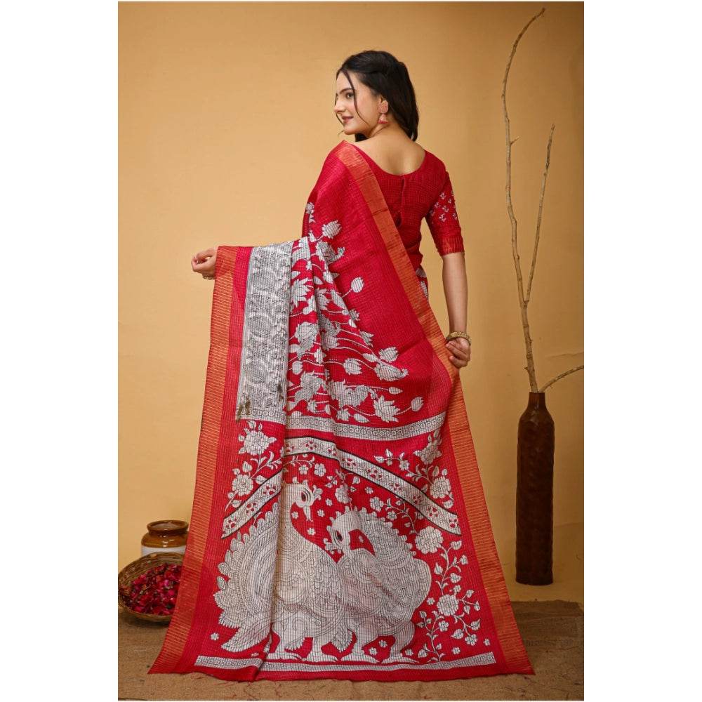 Generic Women's Soft Handloom Cotton Kalamkari Printed Saree With Unstitched Blouse 5.5Mtr (Pink) - MYLUXURY LANE ENTERPRISE