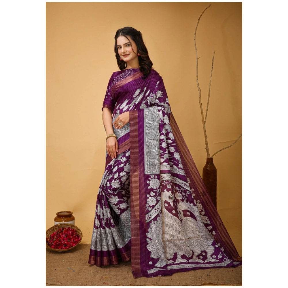Generic Women's Soft Handloom Cotton Kalamkari Printed Saree With Unstitched Blouse 5.5Mtr (Purple) - MYLUXURY LANE ENTERPRISE