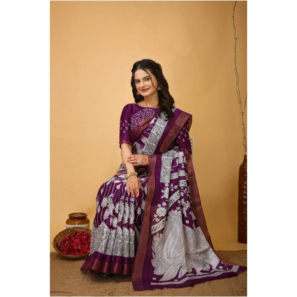 Generic Women's Soft Handloom Cotton Kalamkari Printed Saree With Unstitched Blouse 5.5Mtr (Purple) - MYLUXURY LANE ENTERPRISE