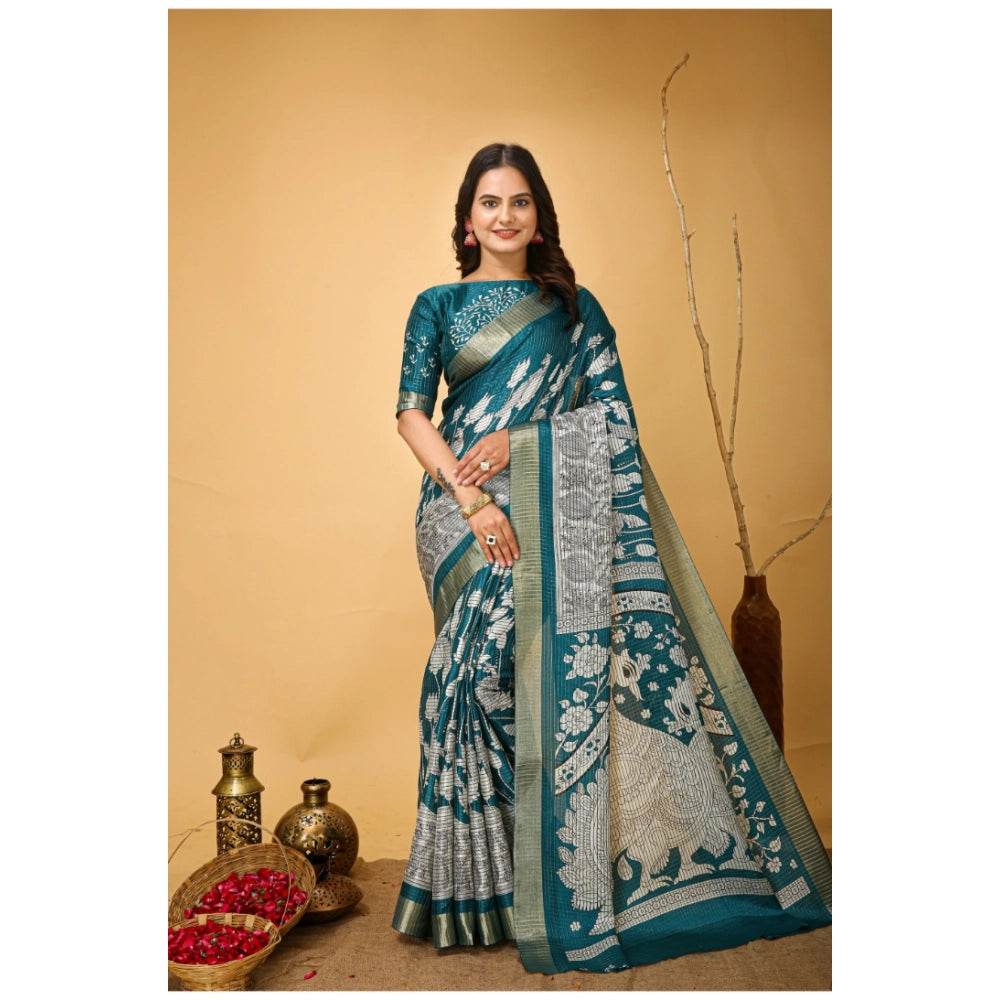 Generic Women's Soft Handloom Cotton Kalamkari Printed Saree With Unstitched Blouse 5.5Mtr (Turquoise) - MYLUXURY LANE ENTERPRISE