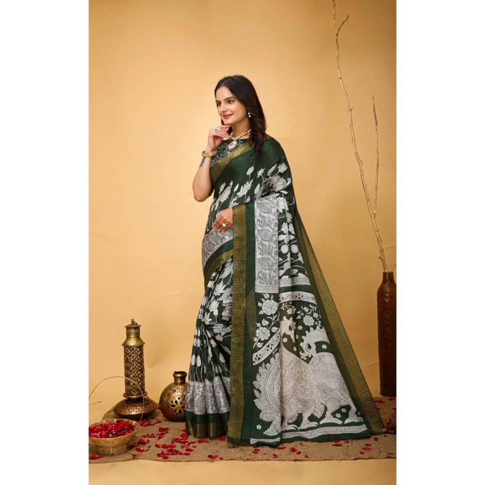 Generic Women's Soft Handloom Cotton Kalamkari Printed Saree With Unstitched Blouse 5.5Mtr (Green) - MYLUXURY LANE ENTERPRISE