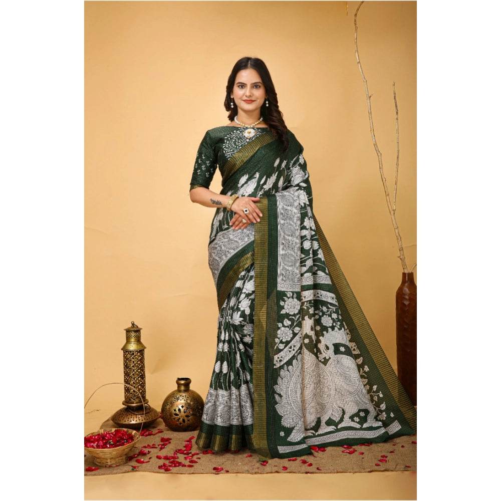 Generic Women's Soft Handloom Cotton Kalamkari Printed Saree With Unstitched Blouse 5.5Mtr (Green) - MYLUXURY LANE ENTERPRISE