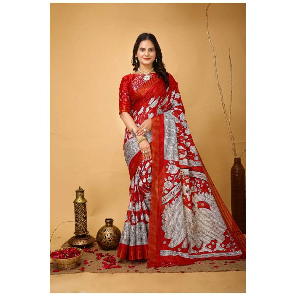 Generic Women's Soft Handloom Cotton Kalamkari Printed Saree With Unstitched Blouse 5.5Mtr (Red) - MYLUXURY LANE ENTERPRISE