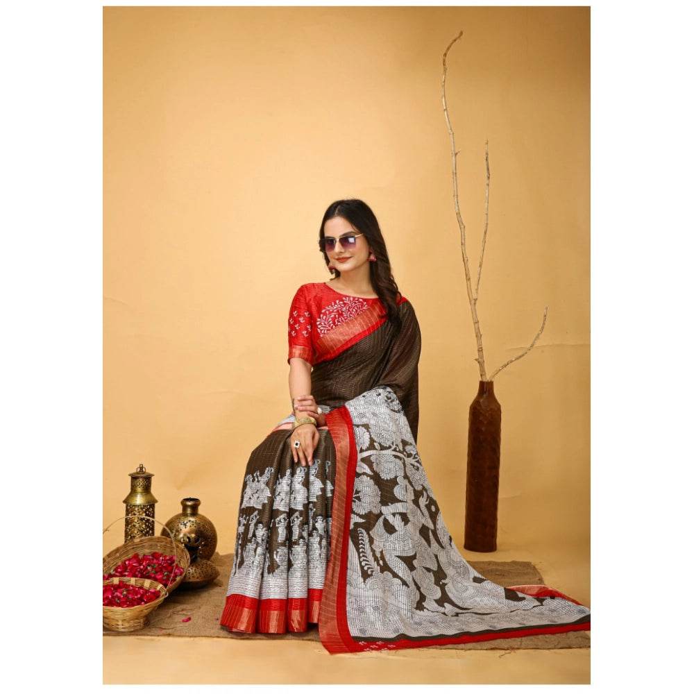 Generic Women's Soft Handloom Cotton Kalamkari Printed Saree With Unstitched Blouse 5.5Mtr (Brown) - MYLUXURY LANE ENTERPRISE