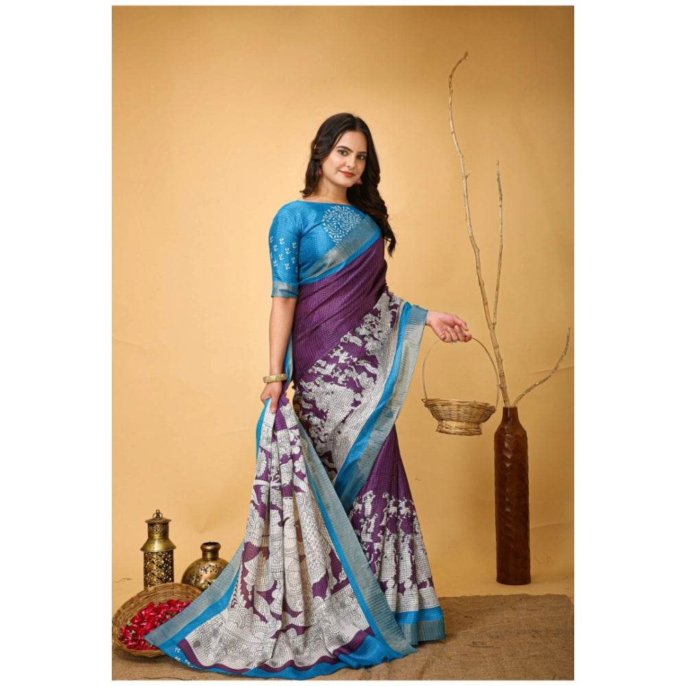 Generic Women's Soft Handloom Cotton Kalamkari Printed Saree With Unstitched Blouse 5.5Mtr (Purple) - MYLUXURY LANE ENTERPRISE