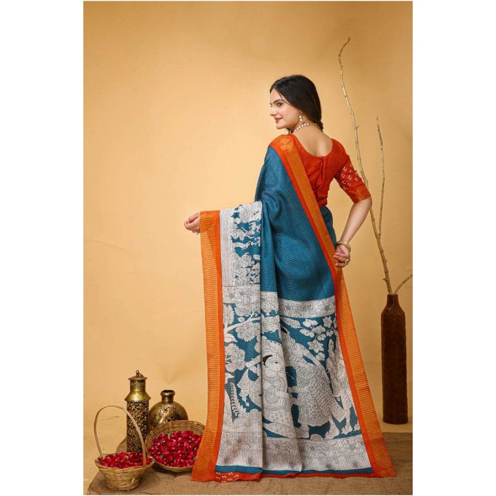 Generic Women's Soft Handloom Cotton Kalamkari Printed Saree With Unstitched Blouse 5.5Mtr (Teal Blue) - MYLUXURY LANE ENTERPRISE