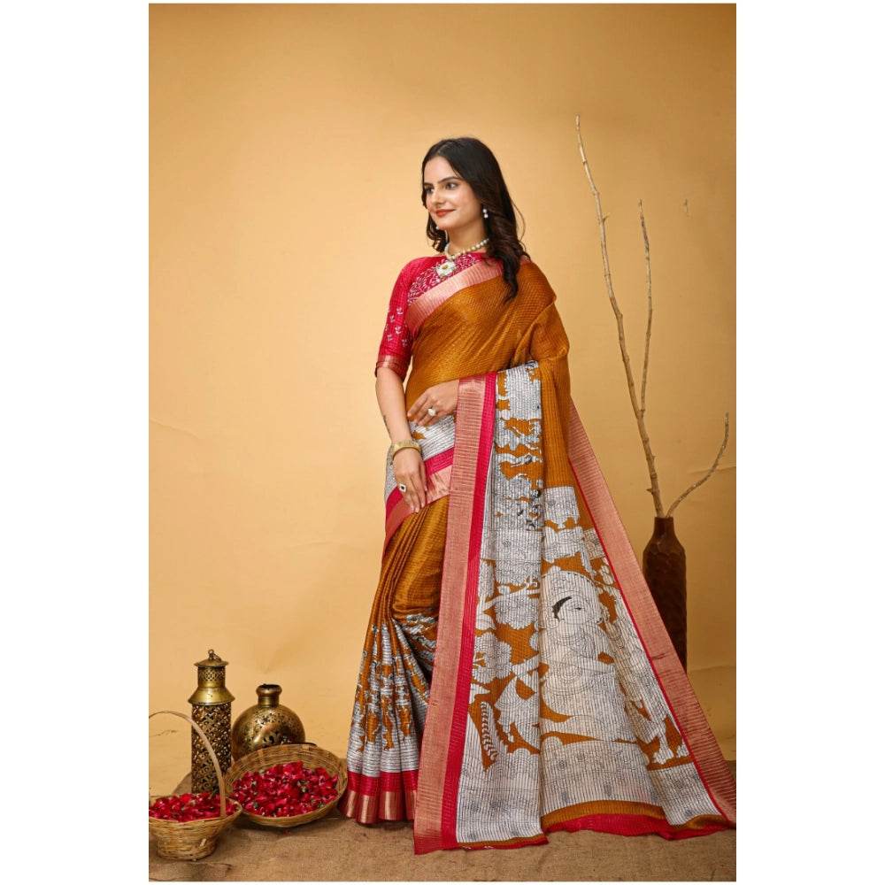 Generic Women's Soft Handloom Cotton Kalamkari Printed Saree With Unstitched Blouse 5.5Mtr (Mustard) - MYLUXURY LANE ENTERPRISE