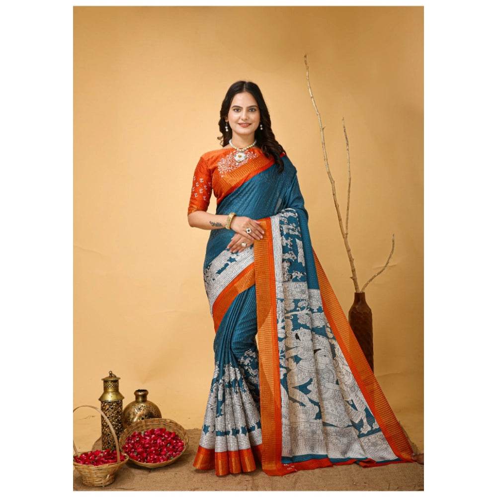 Generic Women's Soft Handloom Cotton Kalamkari Printed Saree With Unstitched Blouse 5.5Mtr (Teal Blue) - MYLUXURY LANE ENTERPRISE