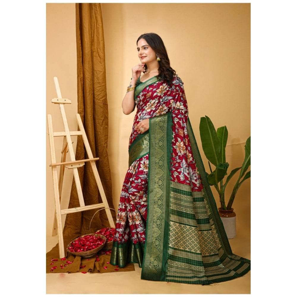 Generic Women's Soft Dola Cotton Kalamkari Printed Saree With Unstitched Blouse 5.5Mtr (Maroon) - MYLUXURY LANE ENTERPRISE