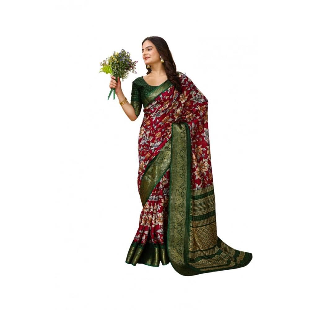 Generic Women's Soft Dola Cotton Kalamkari Printed Saree With Unstitched Blouse 5.5Mtr (Maroon) - MYLUXURY LANE ENTERPRISE