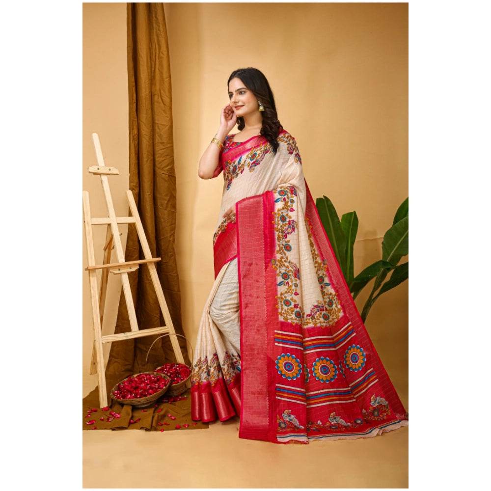 Generic Women's Soft Dola Cotton Kalamkari Printed Saree With Unstitched Blouse 5.5Mtr (Red) - MYLUXURY LANE ENTERPRISE