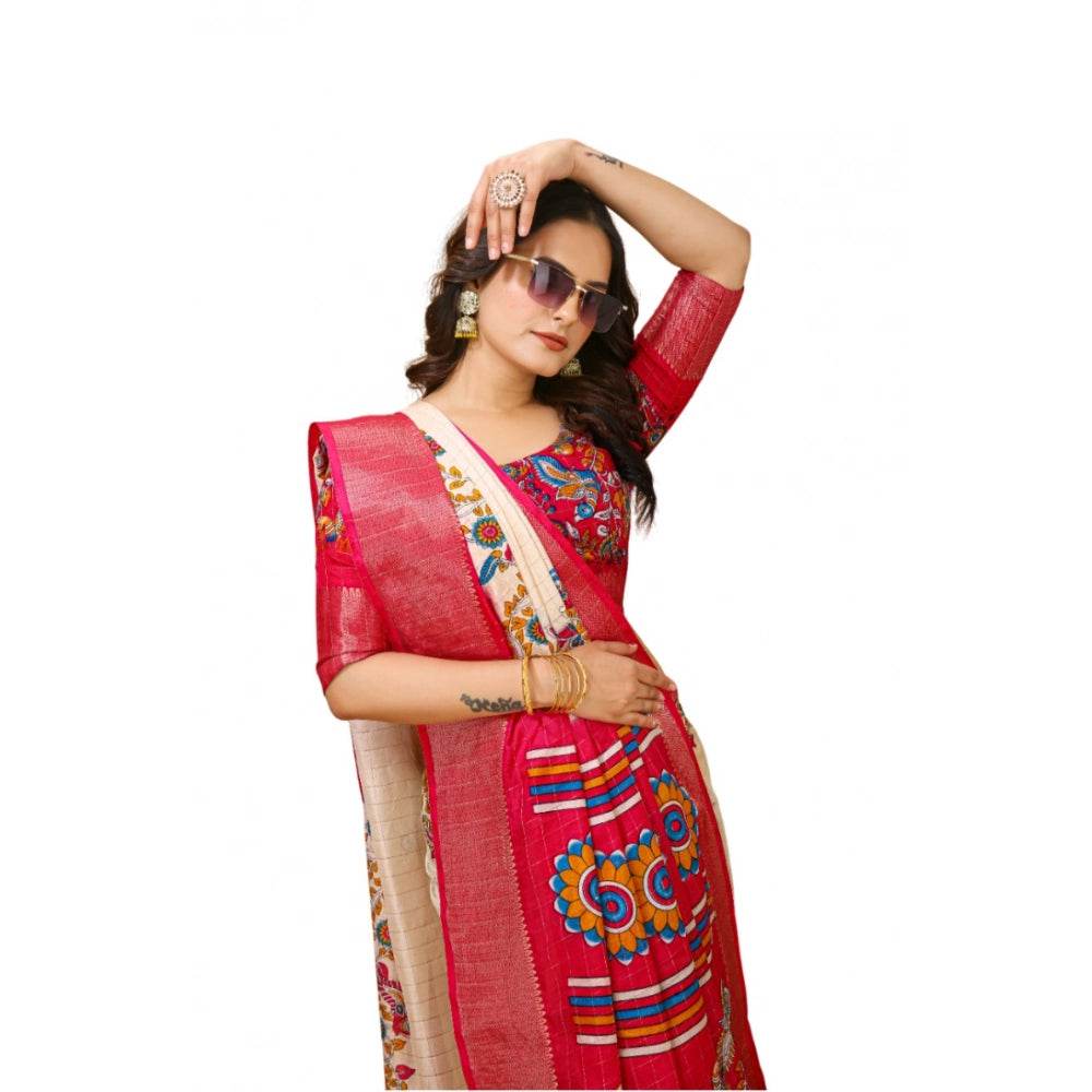 Generic Women's Soft Dola Cotton Kalamkari Printed Saree With Unstitched Blouse 5.5Mtr (Red) - MYLUXURY LANE ENTERPRISE