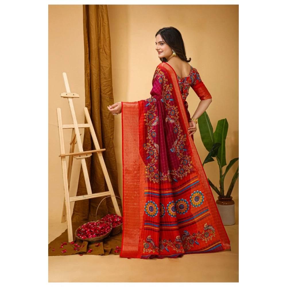 Generic Women's Soft Dola Cotton Kalamkari Printed Saree With Unstitched Blouse 5.5Mtr (Maroon) - MYLUXURY LANE ENTERPRISE