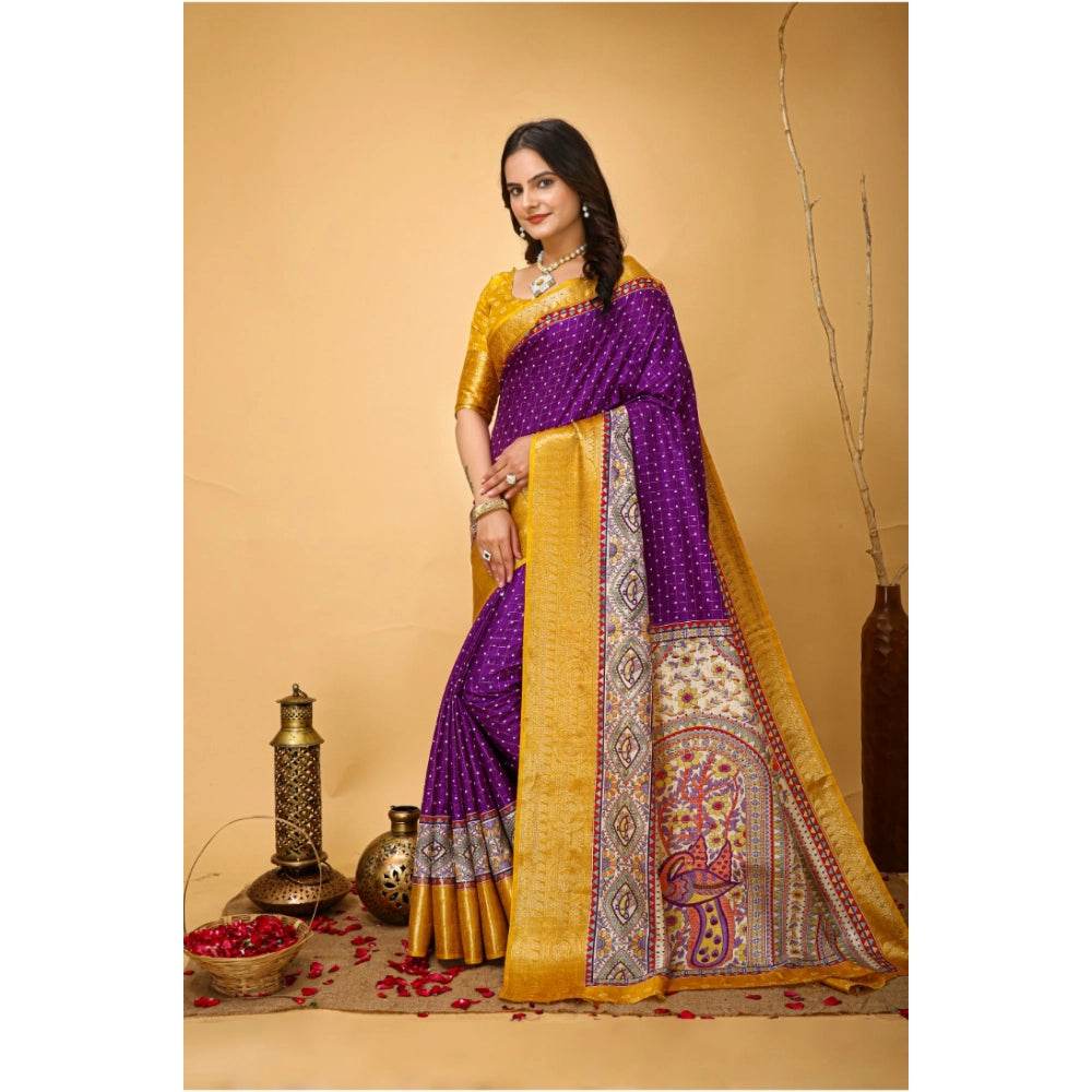 Generic Women's Soft Dola Cotton Kalamkari Printed Saree With Unstitched Blouse 5.5Mtr (Purple) - MYLUXURY LANE ENTERPRISE