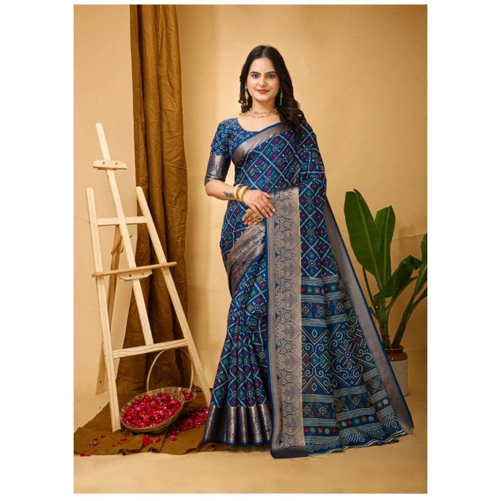 Generic Women's Soft Dola Cotton Kalamkari Printed Saree With Unstitched Blouse 5.5Mtr (Blue) - MYLUXURY LANE ENTERPRISE
