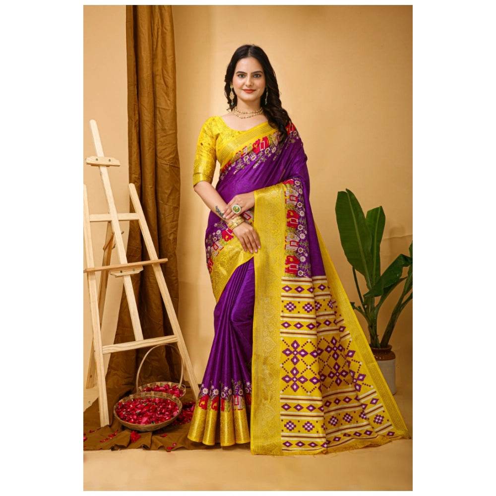 Generic Women's Soft Dola Cotton Kalamkari Printed Saree With Unstitched Blouse 5.5Mtr (Purple) - MYLUXURY LANE ENTERPRISE