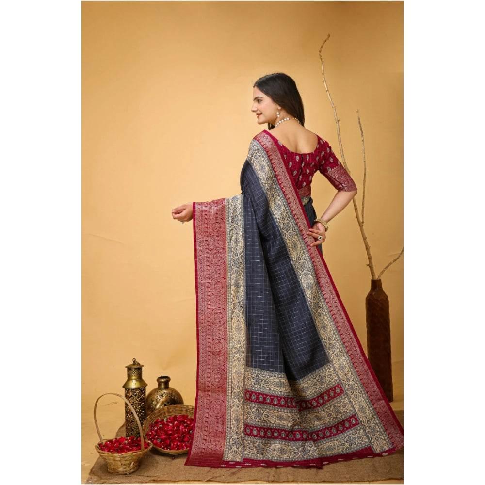Generic Women's Soft Dola Cotton Kalamkari Printed Saree With Unstitched Blouse 5.5Mtr (Grey) - MYLUXURY LANE ENTERPRISE