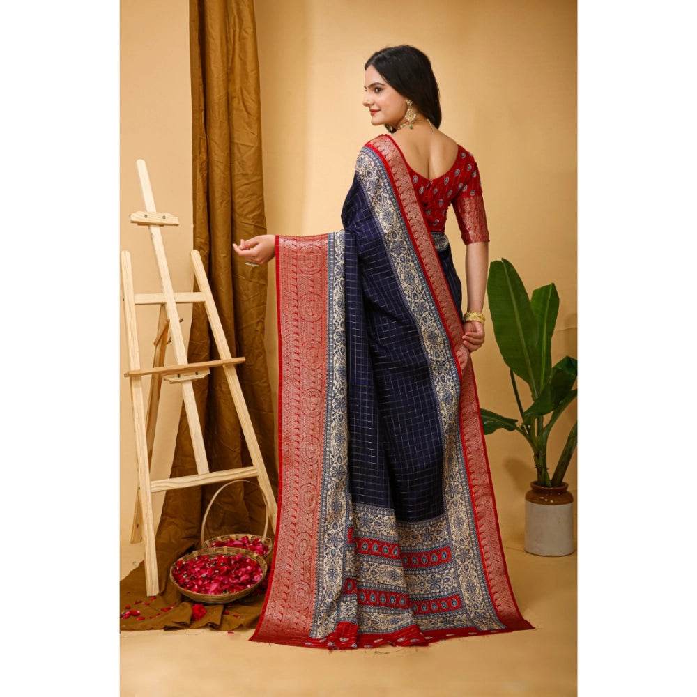 Generic Women's Soft Dola Cotton Kalamkari Printed Saree With Unstitched Blouse 5.5Mtr (Navy Blue) - MYLUXURY LANE ENTERPRISE