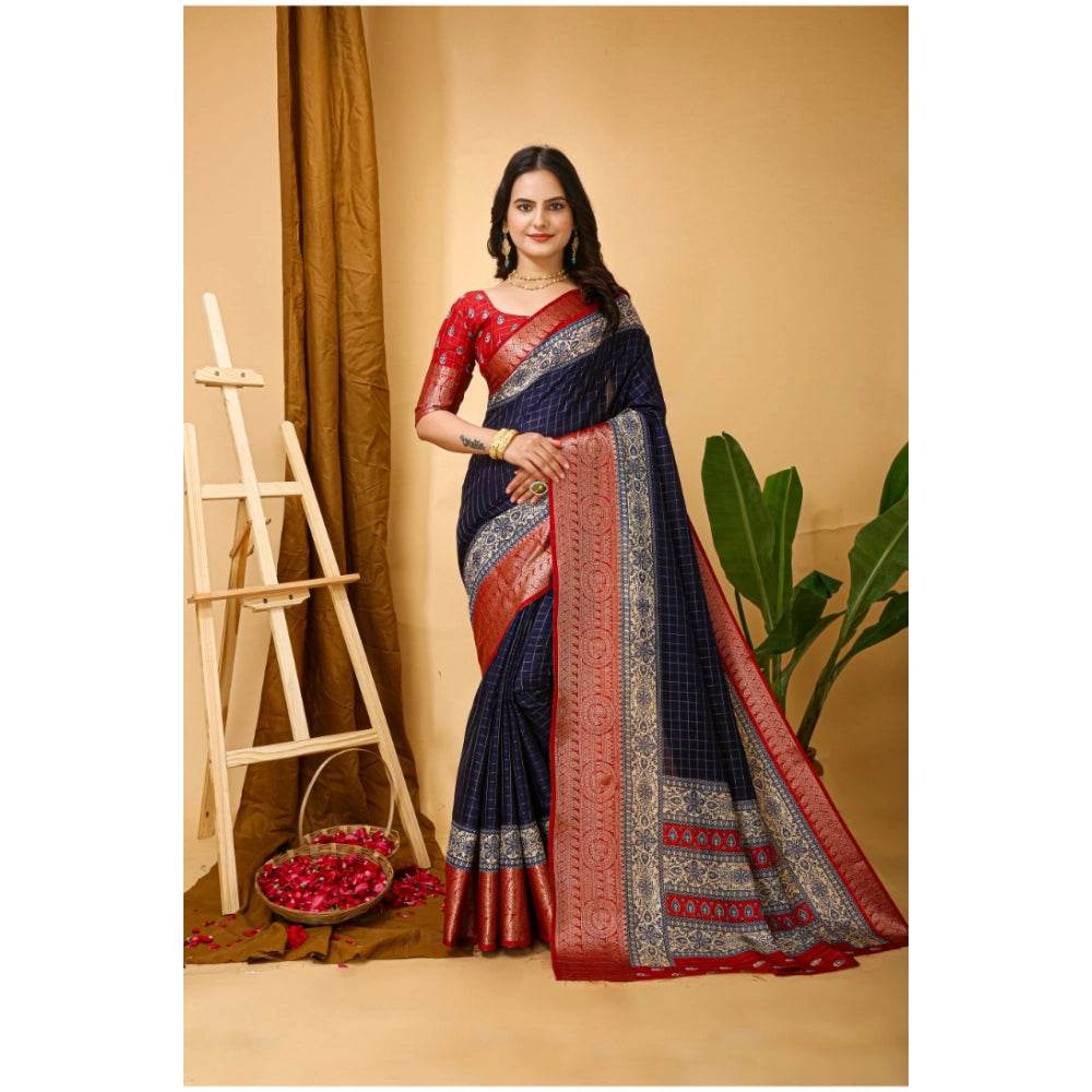 Generic Women's Soft Dola Cotton Kalamkari Printed Saree With Unstitched Blouse 5.5Mtr (Navy Blue) - MYLUXURY LANE ENTERPRISE