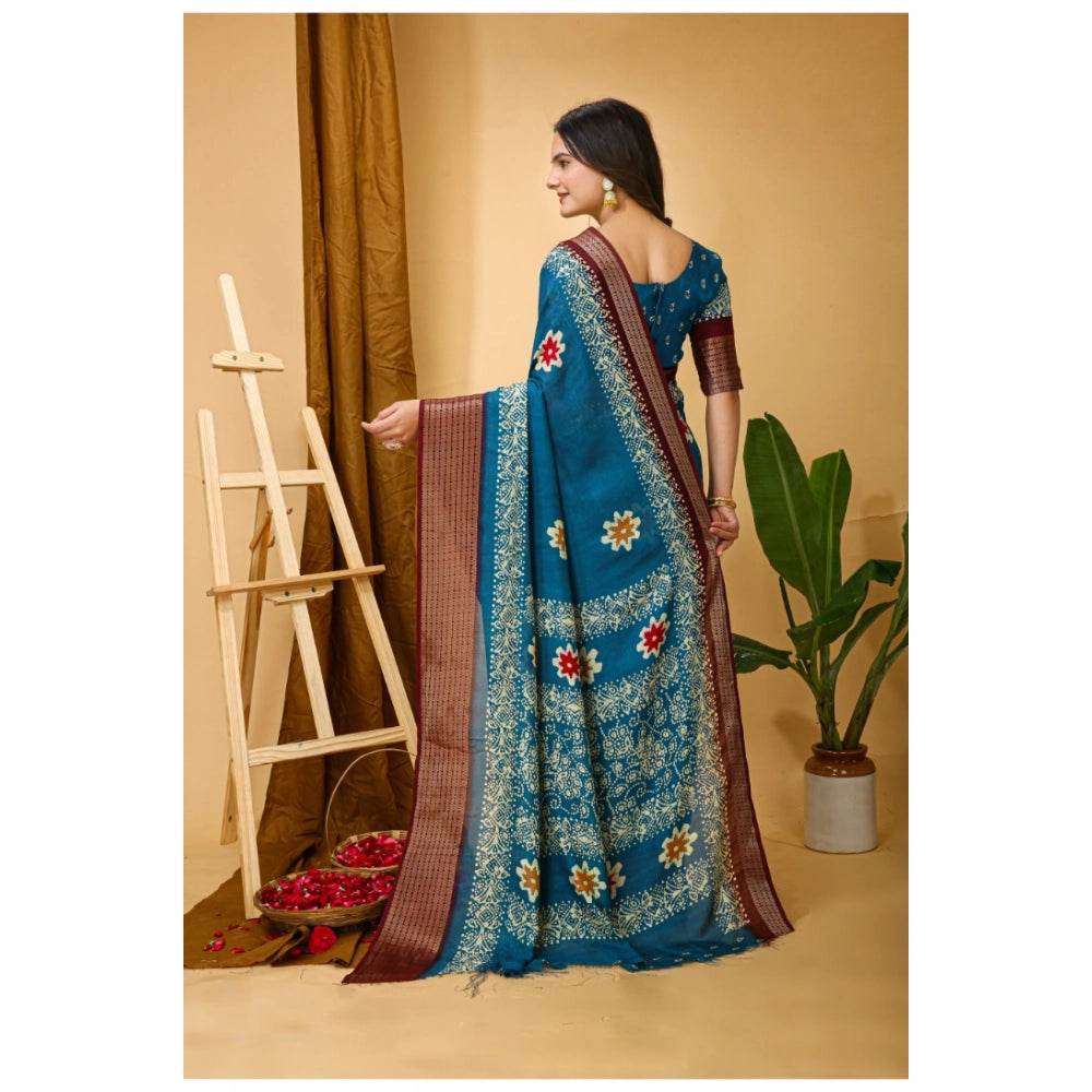 Generic Women's Soft Blooming Marshmallow Fabric Kalamkari Printed Saree With Unstitched Blouse 5.5Mtr (Blue) - MYLUXURY LANE ENTERPRISE