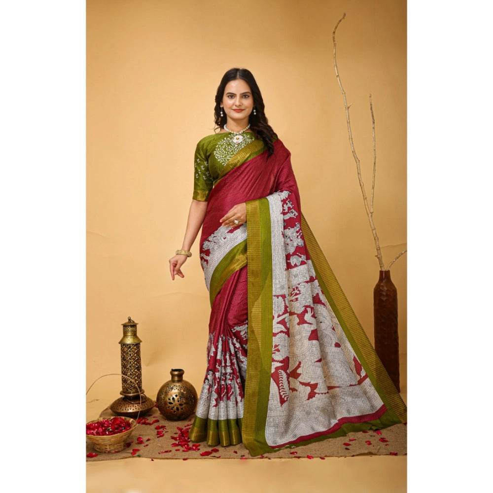 Generic Women's Soft Handloom Cotton Kalamkari Printed Saree With Unstitched Blouse 5.5Mtr (Maroon) - MYLUXURY LANE ENTERPRISE