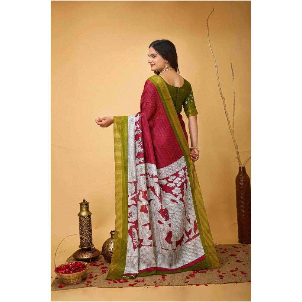 Generic Women's Soft Handloom Cotton Kalamkari Printed Saree With Unstitched Blouse 5.5Mtr (Maroon) - MYLUXURY LANE ENTERPRISE