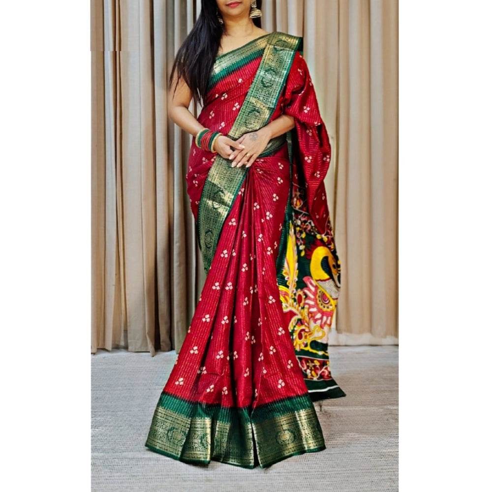 Generic Women's Soft Dola Cotton Kalamkari Printed Saree With Unstitched Blouse 5.5Mtr (Red) - MYLUXURY LANE ENTERPRISE