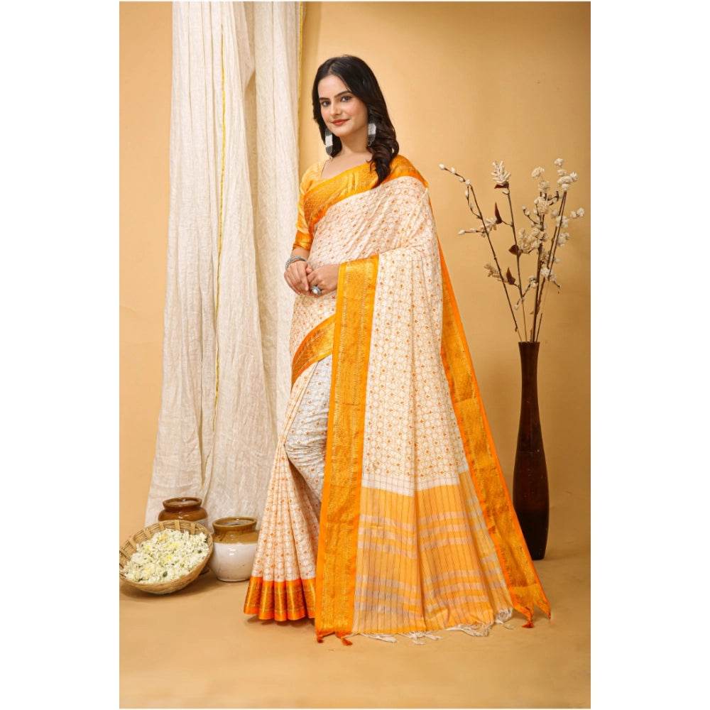 Generic Women's Soft Cotton Silk Printed Saree With Unstitched Blouse 5.5Mtr (Yellow) - MYLUXURY LANE ENTERPRISE