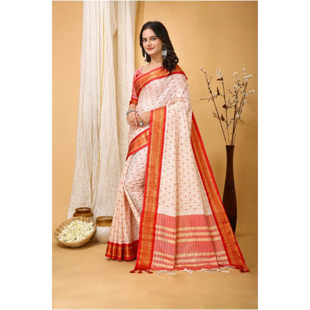 Generic Women's Soft Cotton Silk Printed Saree With Unstitched Blouse 5.5Mtr (Red) - MYLUXURY LANE ENTERPRISE