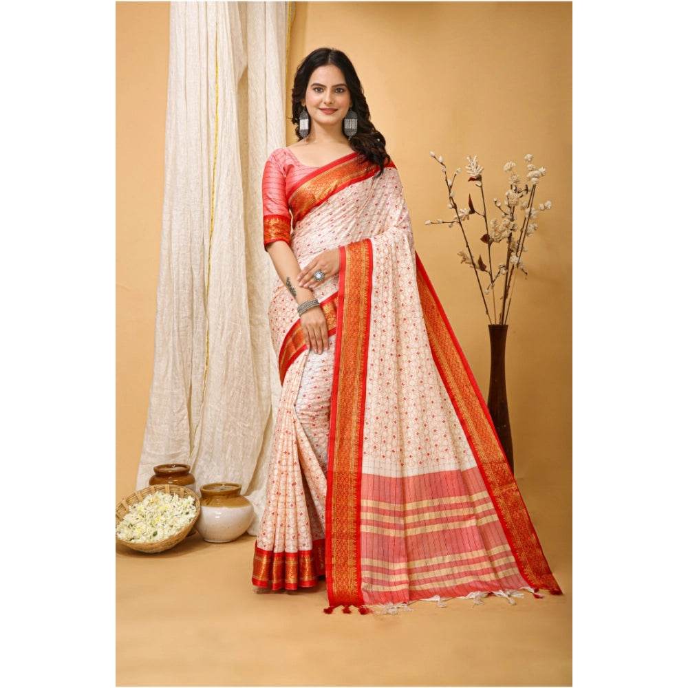 Generic Women's Soft Cotton Silk Printed Saree With Unstitched Blouse 5.5Mtr (Red) - MYLUXURY LANE ENTERPRISE