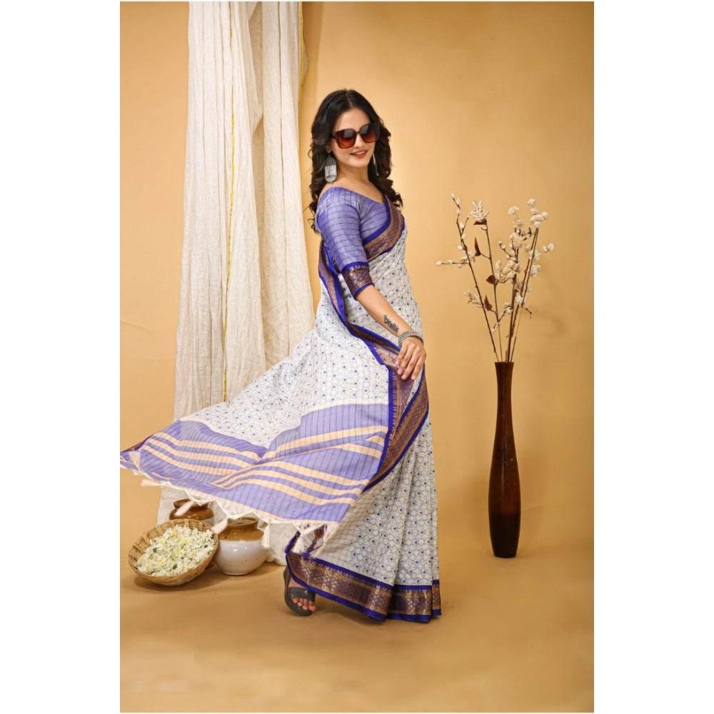 Generic Women's Soft Cotton Silk Printed Saree With Unstitched Blouse 5.5Mtr (Purple) - MYLUXURY LANE ENTERPRISE