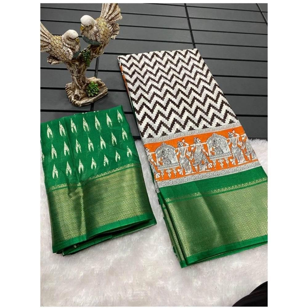 Generic Women's Soft Dola Cotton Kalamkari Printed Saree With Unstitched Blouse 5.5Mtr (Green) - MYLUXURY LANE ENTERPRISE