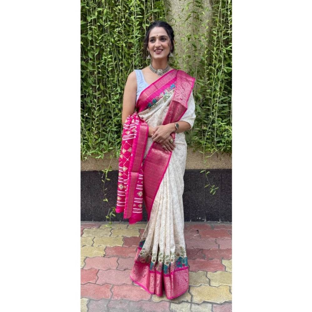 Generic Women's Soft Dola Cotton Kalamkari Printed Saree With Unstitched Blouse 5.5Mtr (White) - MYLUXURY LANE ENTERPRISE