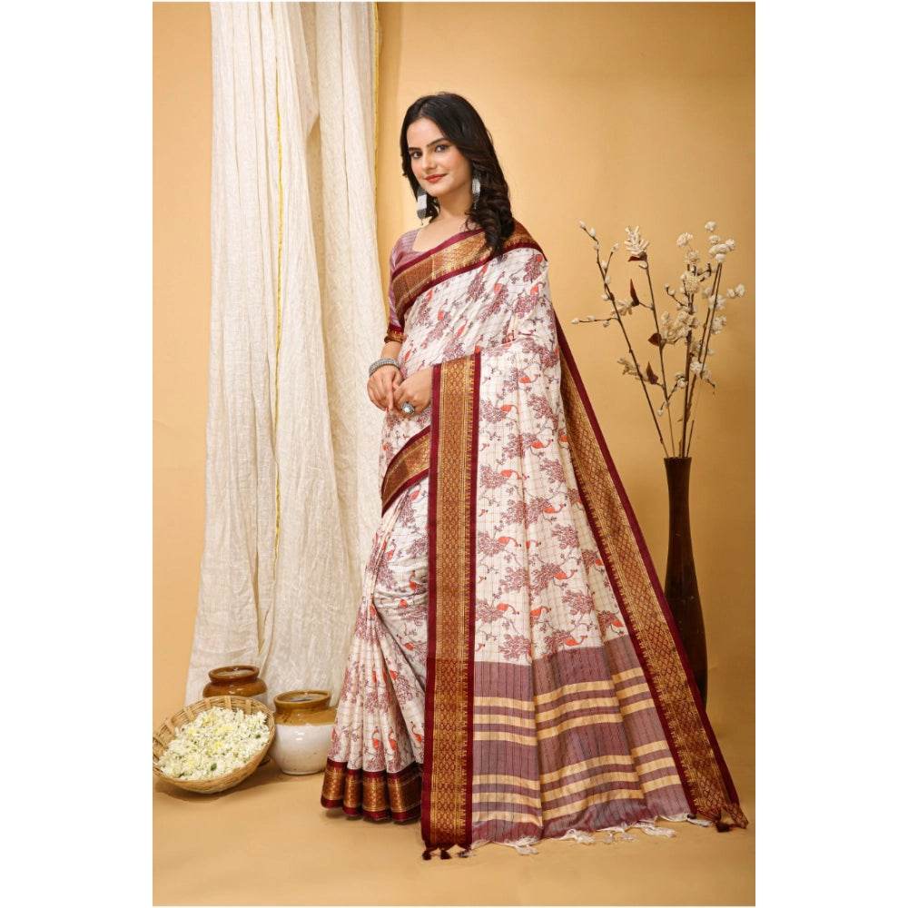 Generic Women's Soft Cotton Silk Printed Saree With Unstitched Blouse 5.5Mtr (Maroon) - MYLUXURY LANE ENTERPRISE