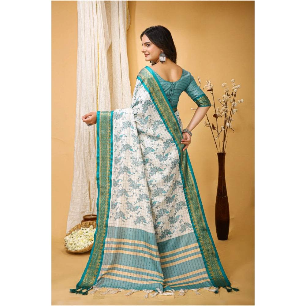 Generic Women's Soft Cotton Silk Printed Saree With Unstitched Blouse 5.5Mtr (Turquoise) - MYLUXURY LANE ENTERPRISE