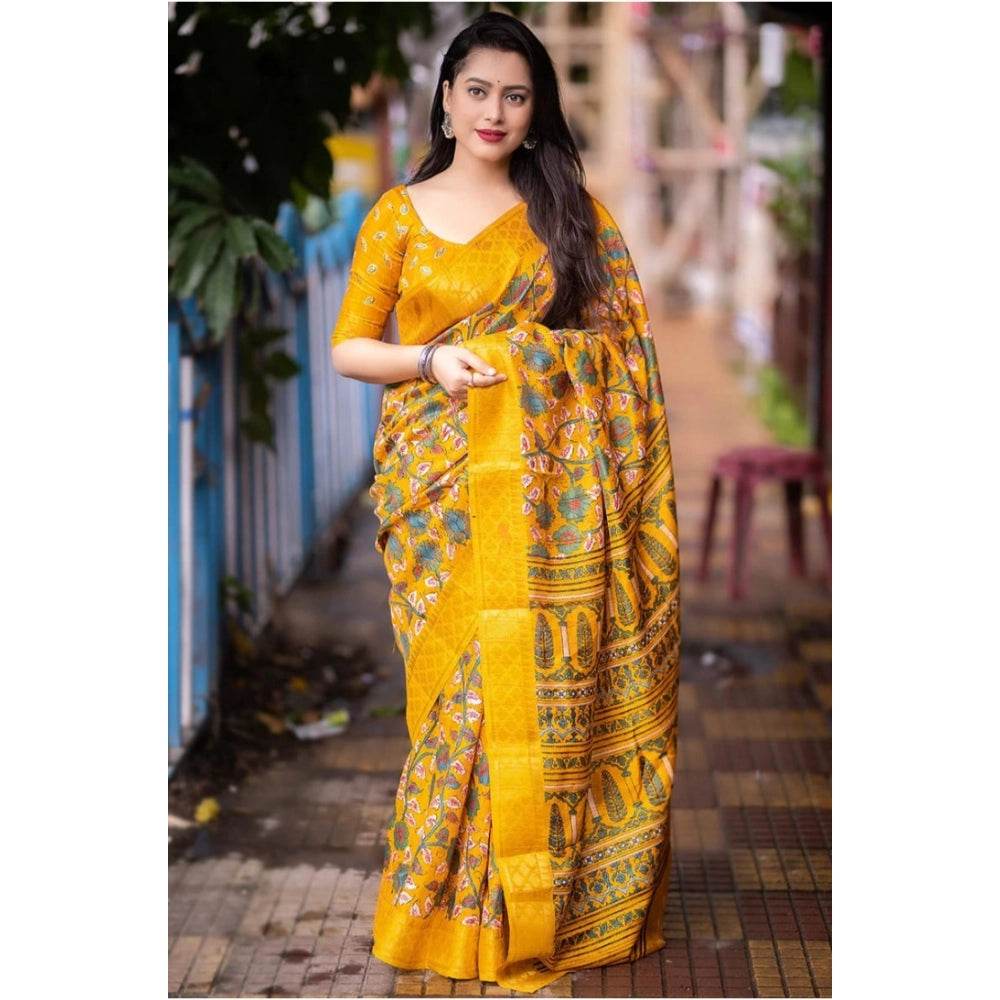 Generic Women's Soft Dola Cotton Kalamkari Printed Saree With Unstitched Blouse 5.5Mtr (Yellow) - MYLUXURY LANE ENTERPRISE