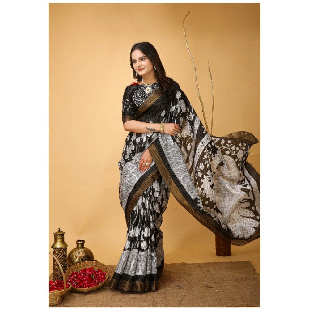 Generic Women's Soft Handloom Cotton Kalamkari Printed Saree With Unstitched Blouse 5.5Mtr (Black) - MYLUXURY LANE ENTERPRISE
