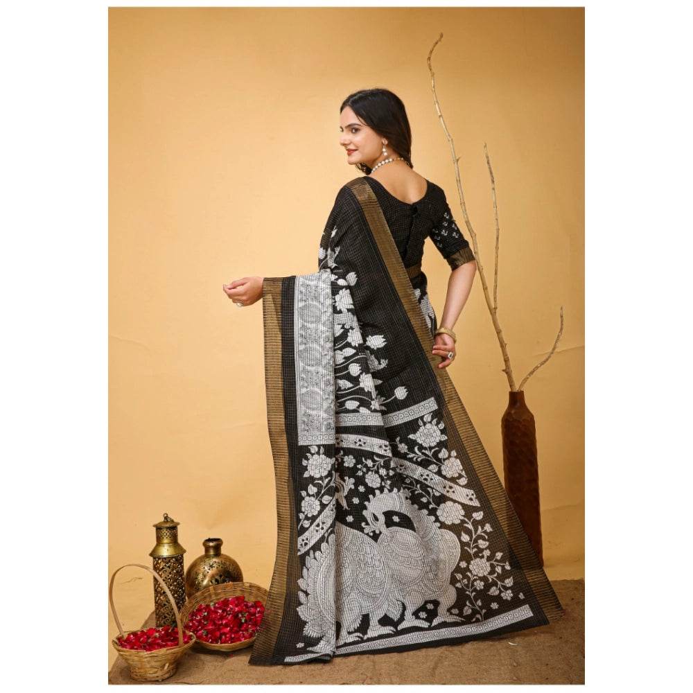 Generic Women's Soft Handloom Cotton Kalamkari Printed Saree With Unstitched Blouse 5.5Mtr (Black) - MYLUXURY LANE ENTERPRISE