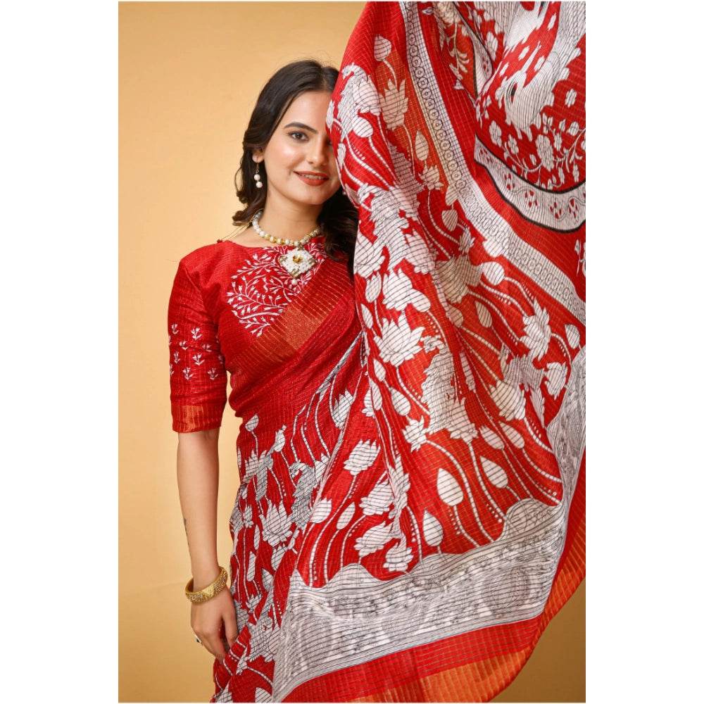 Generic Women's Soft Handloom Cotton Kalamkari Printed Saree With Unstitched Blouse 5.5Mtr (Red) - MYLUXURY LANE ENTERPRISE
