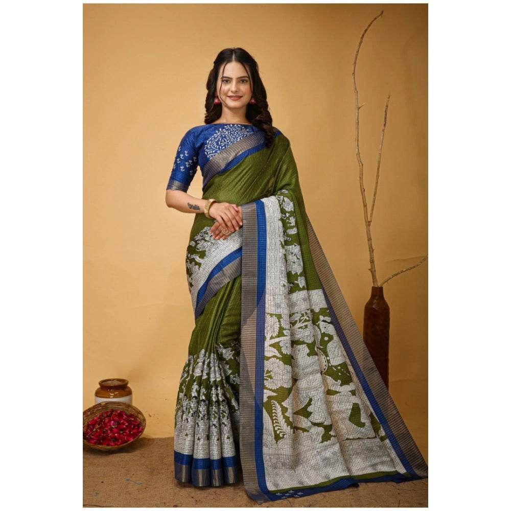 Generic Women's Soft Handloom Cotton Kalamkari Printed Saree With Unstitched Blouse 5.5Mtr (Mehendi) - MYLUXURY LANE ENTERPRISE