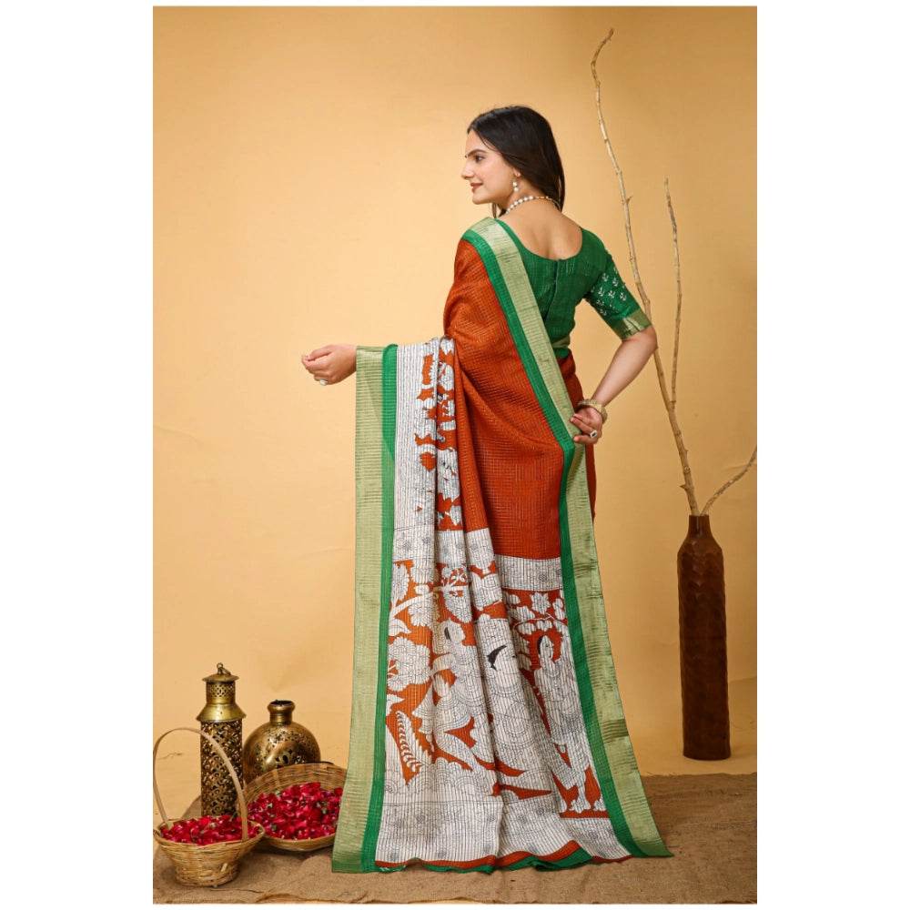 Generic Women's Soft Handloom Cotton Kalamkari Printed Saree With Unstitched Blouse 5.5Mtr (Orange) - MYLUXURY LANE ENTERPRISE
