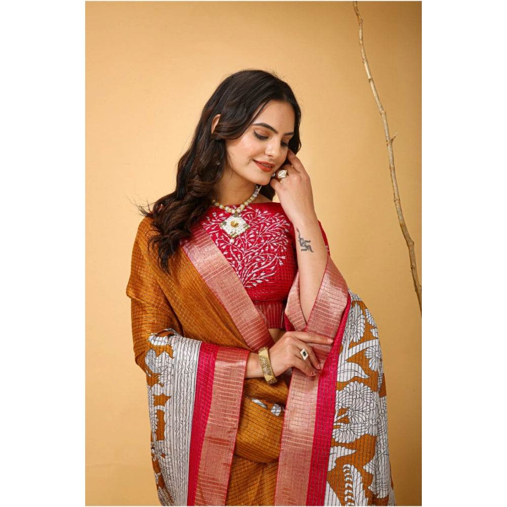 Generic Women's Soft Handloom Cotton Kalamkari Printed Saree With Unstitched Blouse 5.5Mtr (Mustard) - MYLUXURY LANE ENTERPRISE