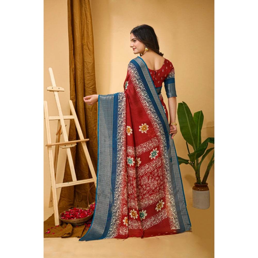 Generic Women's Soft Blooming Marshmallow Fabric Kalamkari Printed Saree With Unstitched Blouse 5.5Mtr (Red) - MYLUXURY LANE ENTERPRISE