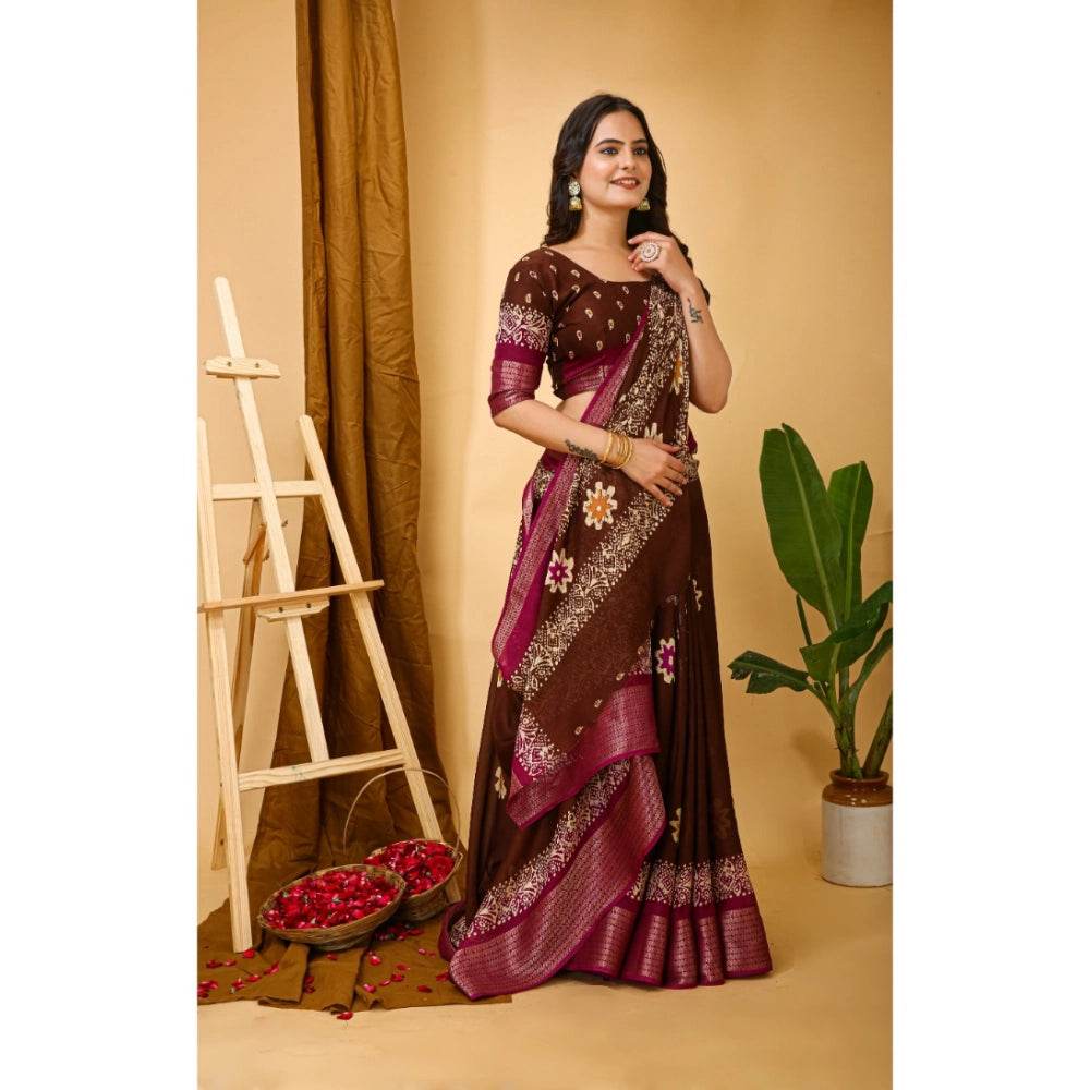 Generic Women's Soft Blooming Marshmallow Fabric Kalamkari Printed Saree With Unstitched Blouse 5.5Mtr (Maroon) - MYLUXURY LANE ENTERPRISE