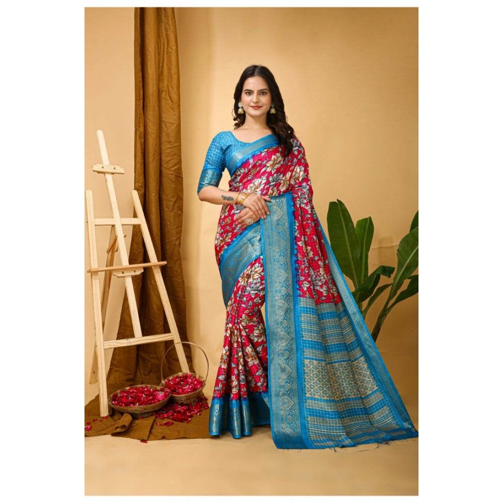 Generic Women's Soft Dola Cotton Kalamkari Printed Saree With Unstitched Blouse 5.5Mtr (Pink) - MYLUXURY LANE ENTERPRISE