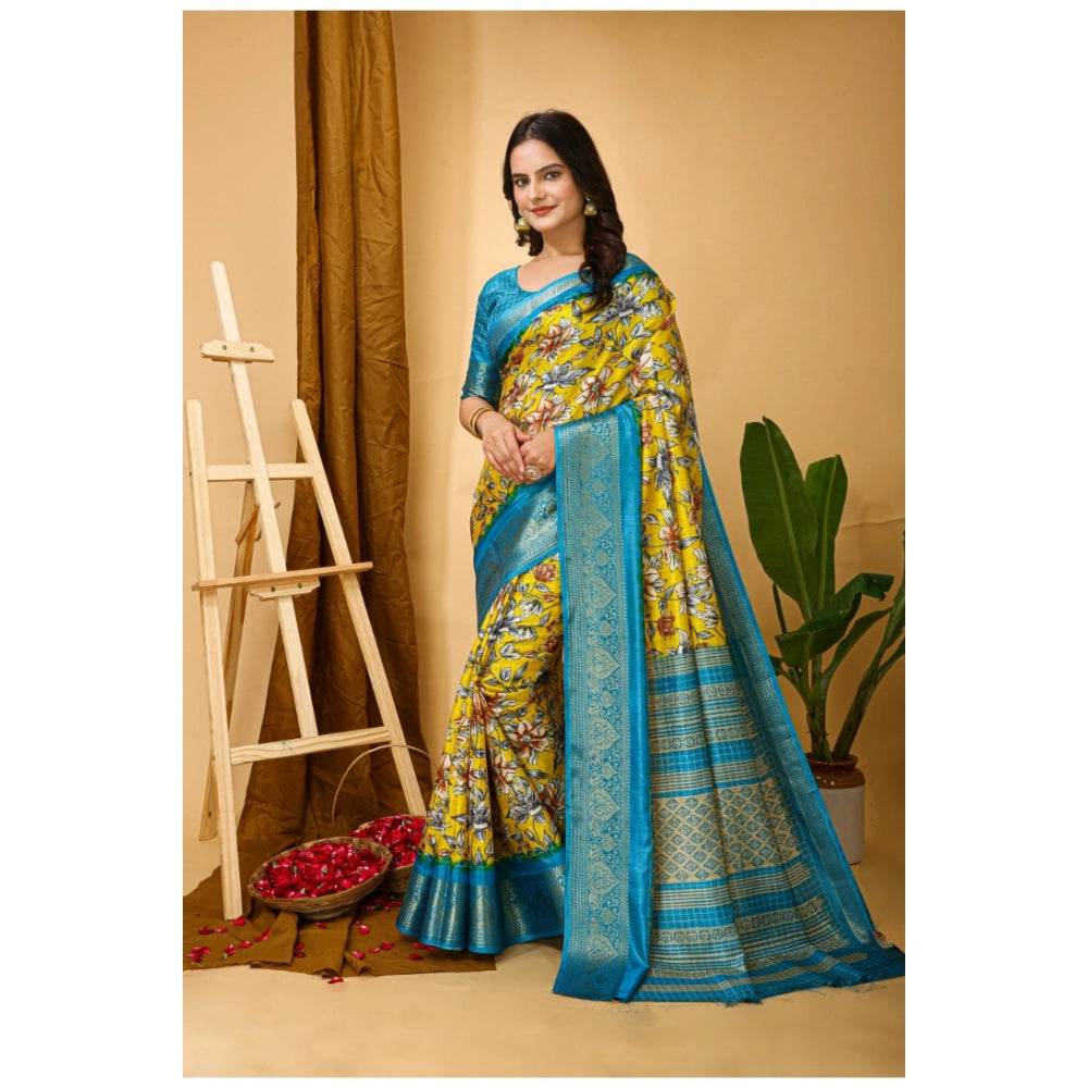 Generic Women's Soft Dola Cotton Kalamkari Printed Saree With Unstitched Blouse 5.5Mtr (Yellow) - MYLUXURY LANE ENTERPRISE