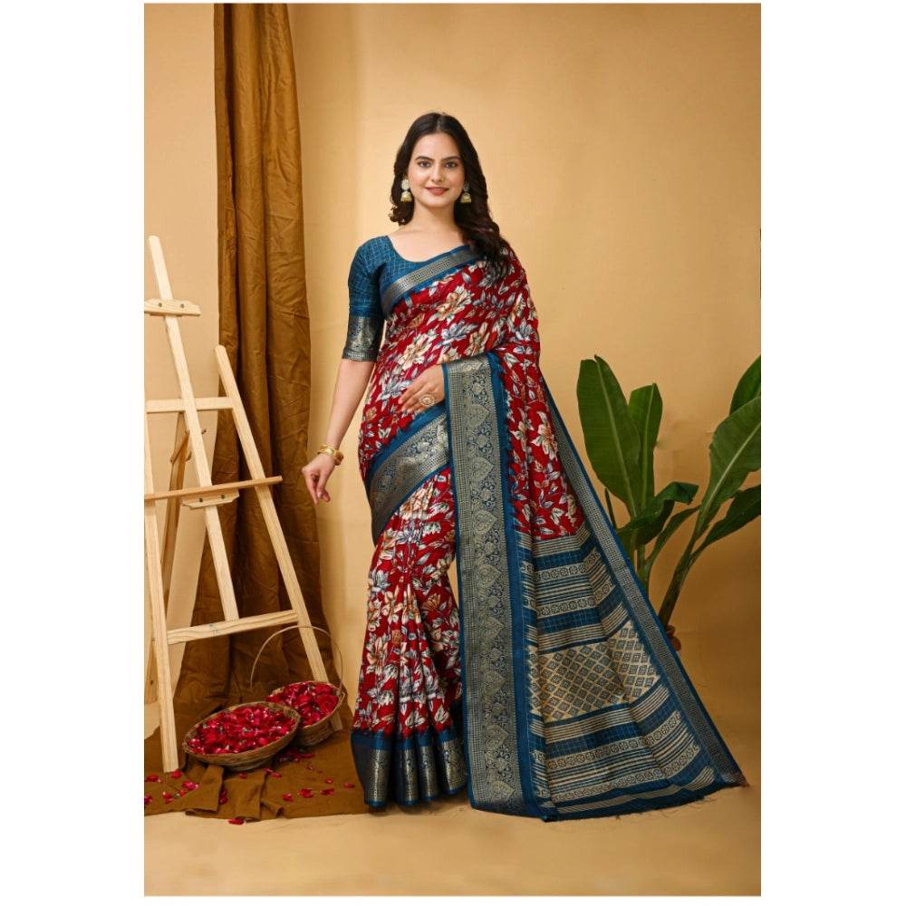 Generic Women's Soft Dola Cotton Kalamkari Printed Saree With Unstitched Blouse 5.5Mtr (Red) - MYLUXURY LANE ENTERPRISE