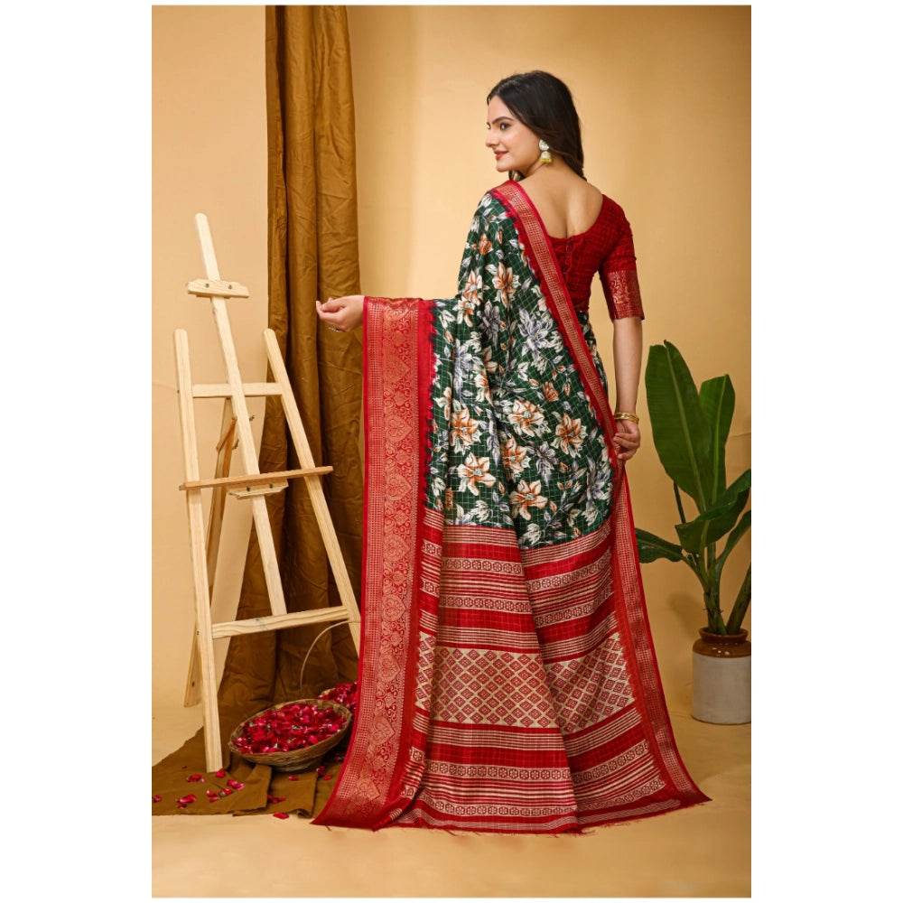 Generic Women's Soft Dola Cotton Kalamkari Printed Saree With Unstitched Blouse 5.5Mtr (Green) - MYLUXURY LANE ENTERPRISE