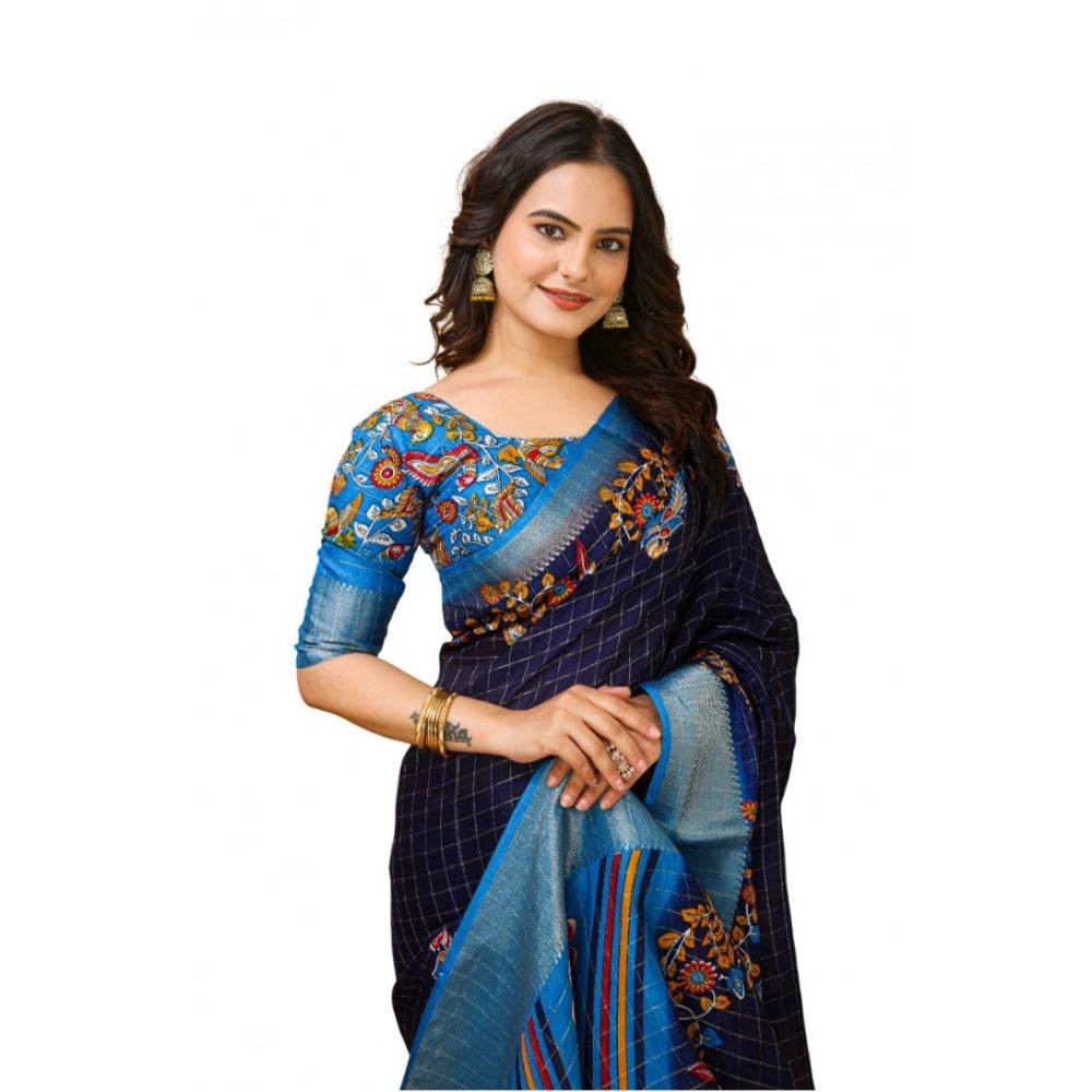 Generic Women's Soft Dola Cotton Kalamkari Printed Saree With Unstitched Blouse 5.5Mtr (Navy Blue) - MYLUXURY LANE ENTERPRISE
