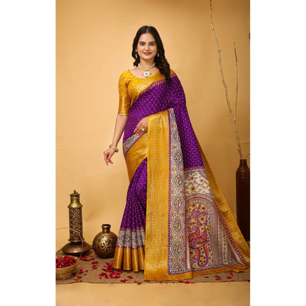 Generic Women's Soft Dola Cotton Kalamkari Printed Saree With Unstitched Blouse 5.5Mtr (Purple) - MYLUXURY LANE ENTERPRISE